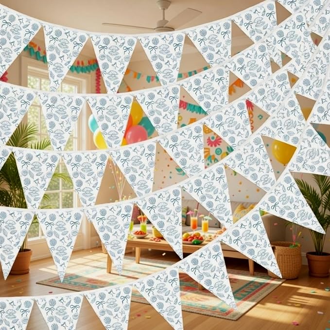 5 Pcs Blue Bow Starfish Seashell Garland Pre Strung Coastal Pennant Banner Ocean Nautical Beach Party Decorations Under The Sea Hanging Garland for Beach Wedding Mermaid Birthday Party
