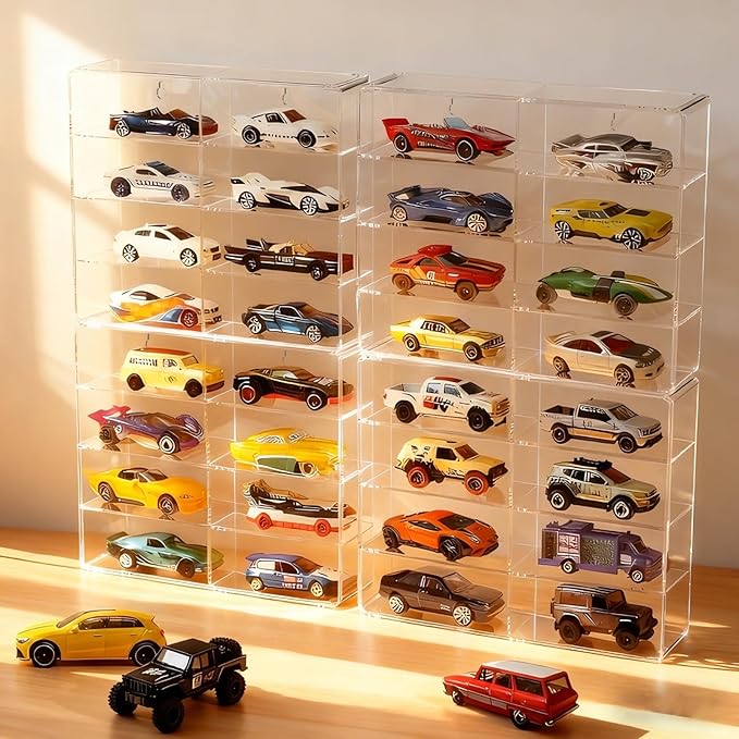 4-Pack Clear Display Case for 1/64 Scale Die-Cast Cars, Compatible with Hot Wheels & Matchbox, Wall-Mountable & Stackable Toy Car Storage Boxes, Holds 32 Cars, Dustproof, 6.5 × 7.5 × 1.6 in