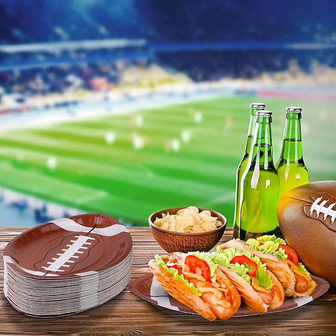ADXCO 100 Pieces Football Shaped Disposable Paper Plates Football Party Plates Football Party Supplies for Football Theme Party Supplies Sports Game Birthday Decoration, 9.4 x 5.9 Inch