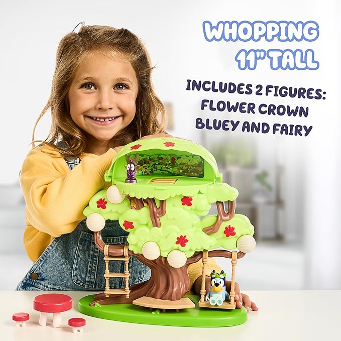 Bluey 2-Sided Treehouse Playset, 11”, Action-Packed Tree Toys Set with 4 Accessories and 2.5” Articulated Figure, Animal Toys for Kids Ages 3+