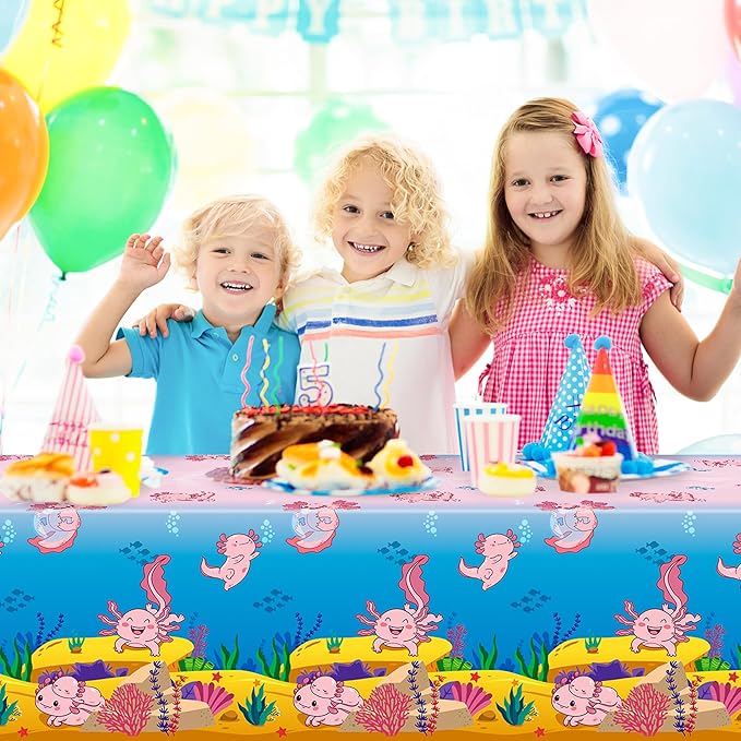 Axolotl Plastic Table Cover - 3Packs(54x108 Inch) Pink Axolotl Disposable Rectangle Plastic Tablecloth Birthday Theme Party Decoration Decor Supplies Table Cloth Giant Coloring Baby Shower