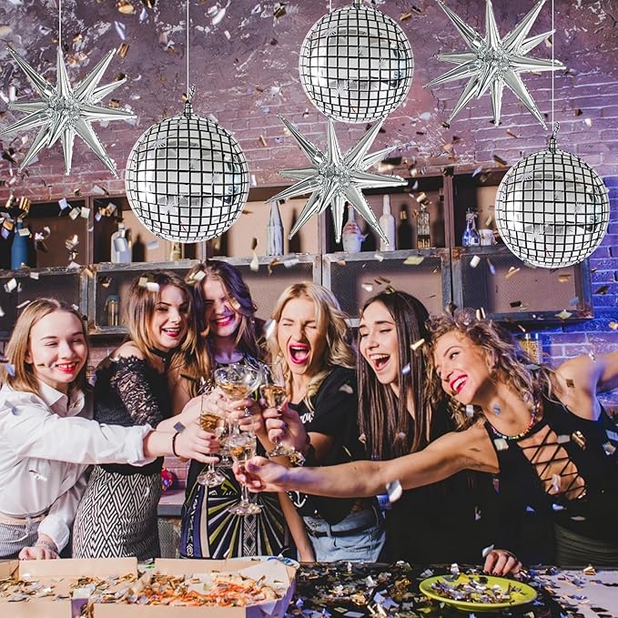 TONIFUL 8 Pcs 22Inch Disco Large 4D Giant Round and Star Balloons Explosion Star Mylar Balloons Set for Backdrop Christmas New Year Birthday Wedding Bridal Shower Anniversary Photo Booth Supplies