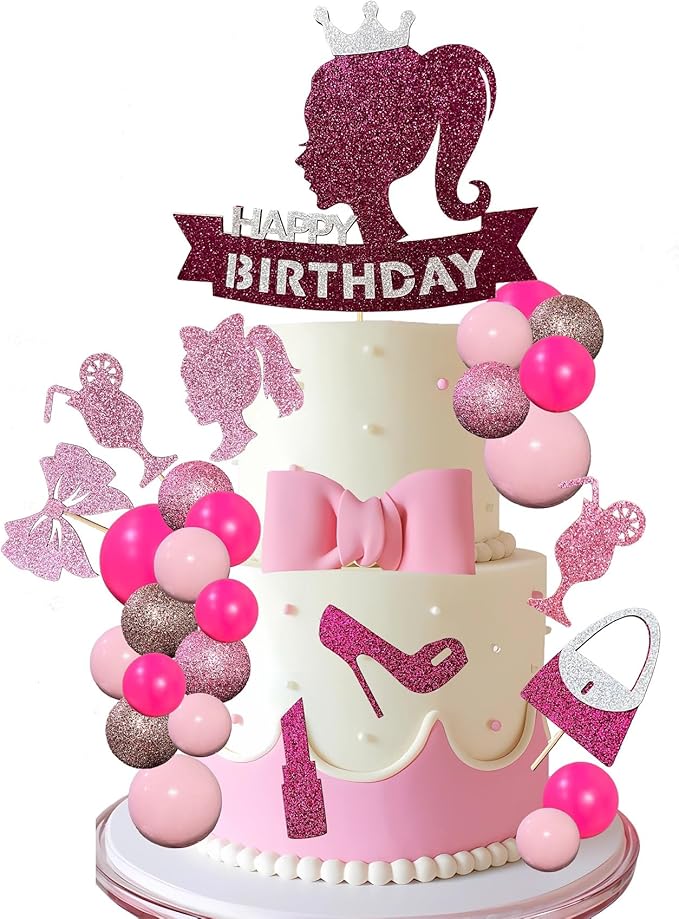 Hot Pink Girl Princess Cake Decorations - Glitter Happy Birthday Cake Topper with 20 Balls for Cake Decorating & 12 Girls Cupcake Toppers, Perfect Birthday Baby Shower Party Supplies for Barbie Fans