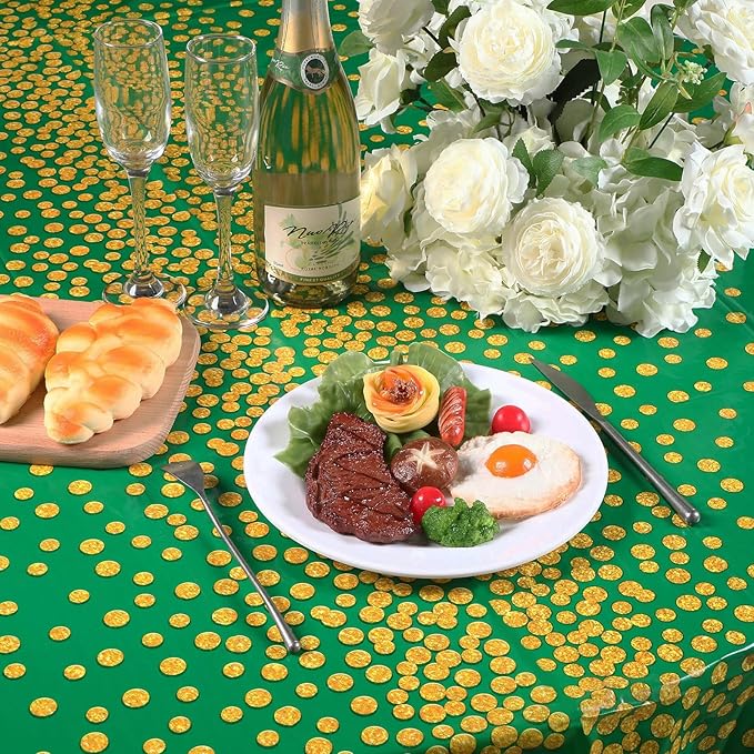 VitalCozy Round Dot Tablecloth 84 Inch Plastic Table Cover Polka Dot Confetti Tablecloths for Easter 2026 Graduation Prom Wedding Birthday Spring Party Supplies(Green and Gold,3 Pcs)