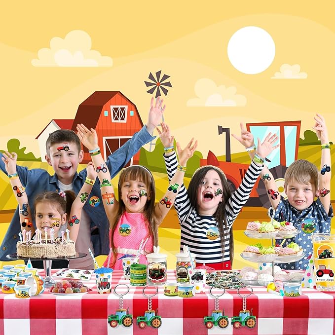 110Pcs Tractor Party Favors for Kids - Farm Birthday Party Decorations and Supplies with Slap Bracelets, Tattoos, Stickers, Keychains & Buttons, Tractor Goodie Bag Fillers for Boys
