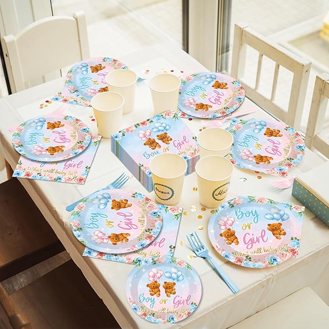 96 Pieces Bear Gender Reveal Theme Tableware Set for Gender Reveal Party Table Decor Supplies Boy or Girl Dessert Plates Napkins Forks for 24 Guests Pink Blue Bear Baby Shower Disposable Party Favors