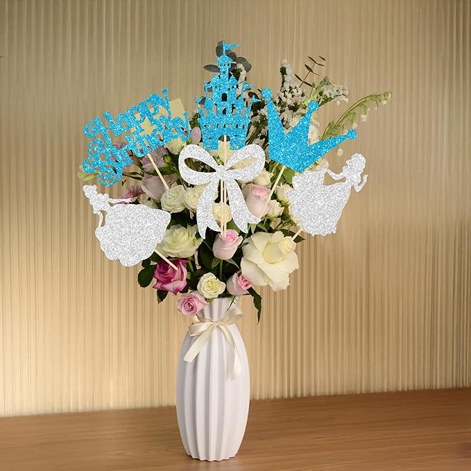 Gyufise 12Pcs Princess Centerpiece Sticks Birthday Bowknot Castle Birthday Table Flower Centerpieces Sticks Crown Bow Party Decorations for Bridal Shower Birthday Wedding Party Supplies Blue