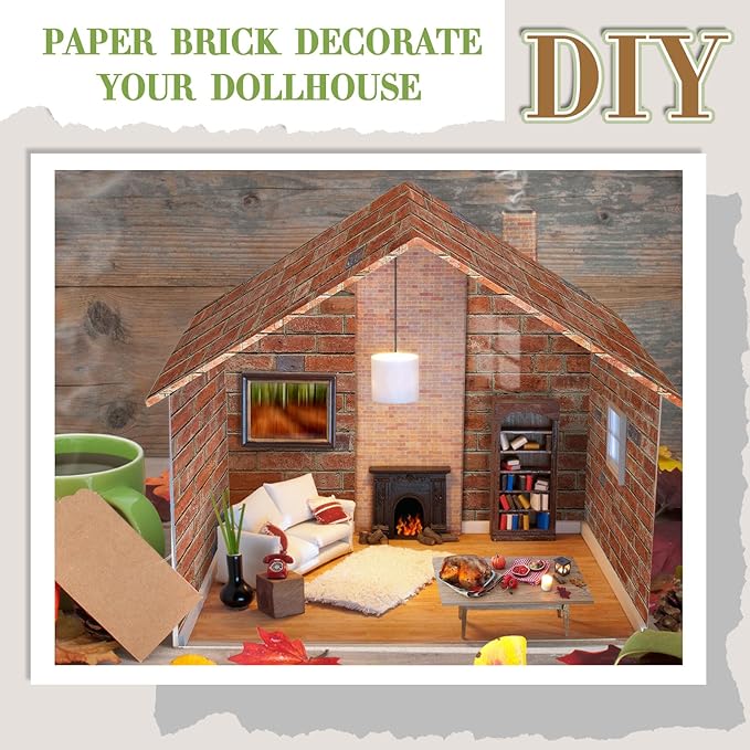 Flutesan 12 Pcs Miniature Dollhouse Wallpaper and Flooring Peel and Stick Mini DIY Self Adhesive Dollhouse Accessories 8.27 x 11.69 Inch (Red Clinker)