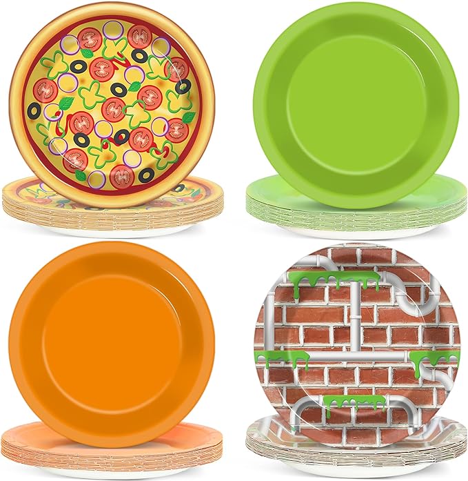 CHUNNIN 48 PCS Turtle Paper Plates Pizza Green Turtle Birthday Party Decorations Disposable Dessert Plates for Video Game Cartoon Themed Birthday Party Supplies