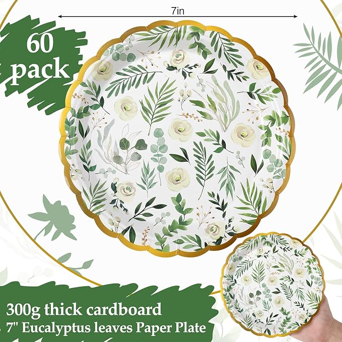 60 Pcs Eucalyptus Paper Plates 7 Inch Baby Showers Green Leaves White Flowers Dessert Disposable Dinner Summer Party Plates for Weddings Gender Reveal Afternoon Tea