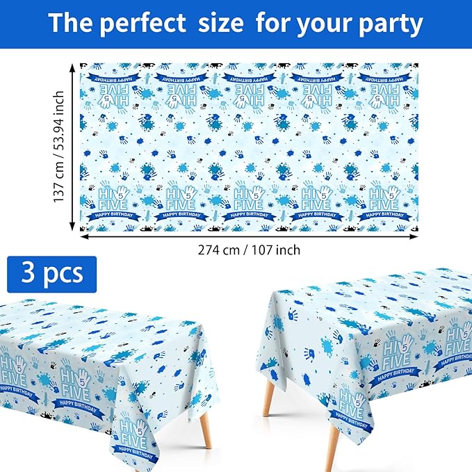 3Pcs Hi Five Party Tablecloth High Five Birthday Plastic Table Cover Waterproof Officially a Handful 5th Birthday Disposable Table Cloth for Boys Girls 5th Years Old Party Decorations, 54 x 108 Inch