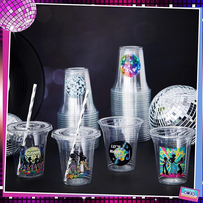 Boao 36 Sets 70s Disco Cups with Lids and Paper Straws 14 oz Disco Birthday Party Supplies Favors Disposable Clear Plastic Cups Bulk