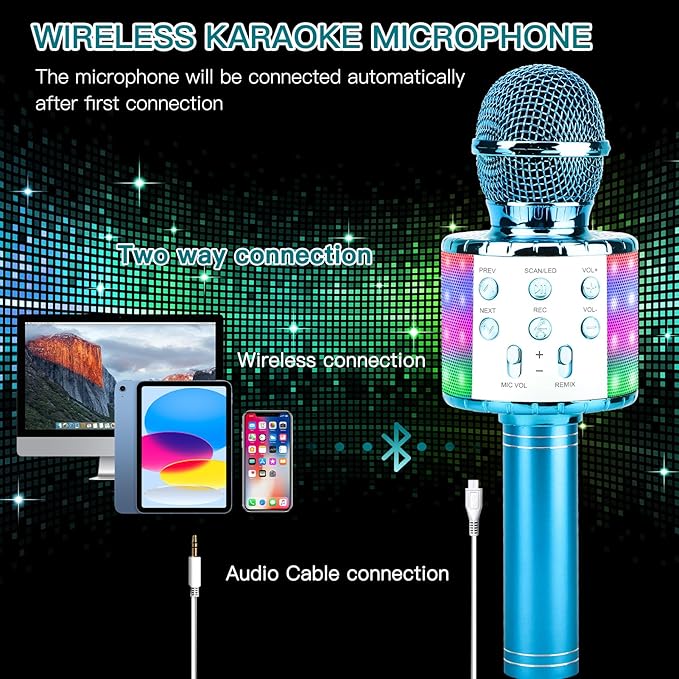 ShinePick Karaoke Microphone, 4 in 1 Wireless Microphone with LED Lights Handheld Portable Karaoke Machine, Home KTV Player, Compatible with Android & iOS Devices(Blue)