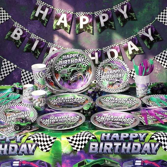 Mifoci 3 Pcs Monster Truck Birthday Party Tablecloths Monster Machine Table Covers Large Plastic Disposable 108 x 54 Inches for Truck Theme Kid's Boys Birthday Shower Party Supplies (Fresh)