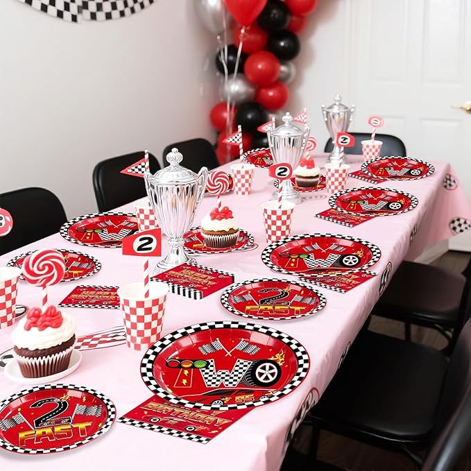 Grencian 96Pcs Race Car Two Fast Decorations 2nd Birthday Party Plates and Napkins Racing Themed Disposable Tableware Set for 2 years old Boys Transportation Birthday Party Serve 24