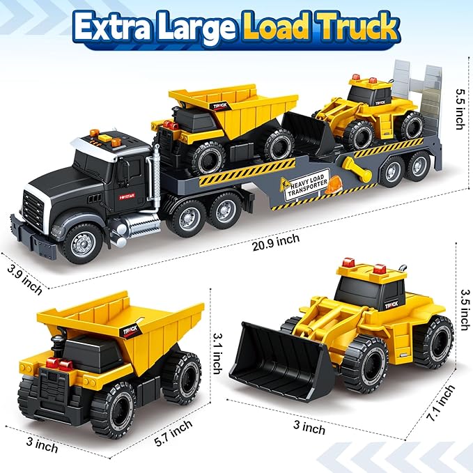 Toddler Boy Toys for 3 4 5 6 7 Years Kids, 21" Semi Construction Carrier Truck Toy with Excavator and Dump Truck, Friction Powered Toys with Lights and Sounds, Birthday for Boy Girls