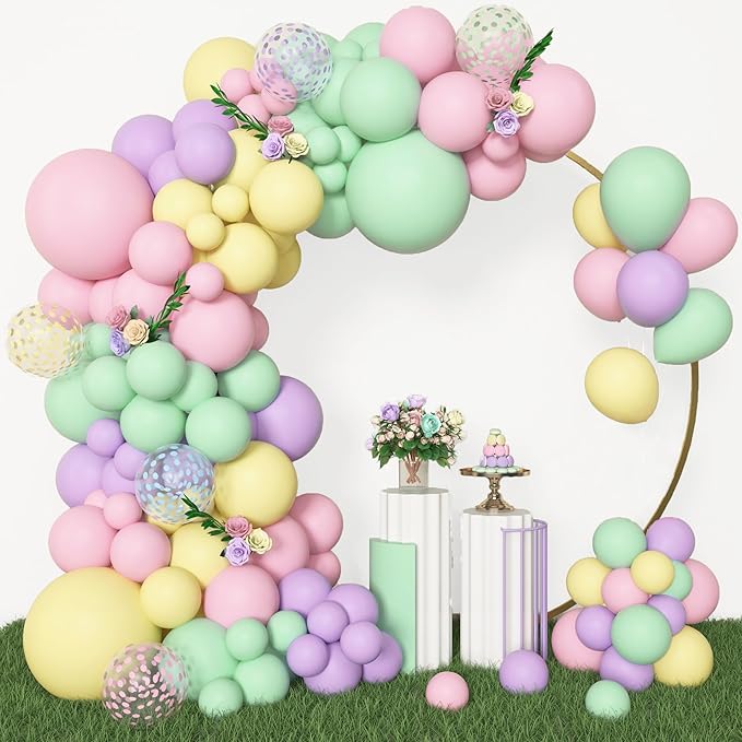 Amandir 153pcs Pastel Balloons Garland Arch Kit, Different Sizes 18 12 10 5inch Pastel Pink Yellow Green Purple Confetti Easter Balloons for Bunny Hunt Spring Baby Shower Birthday Party Decorations