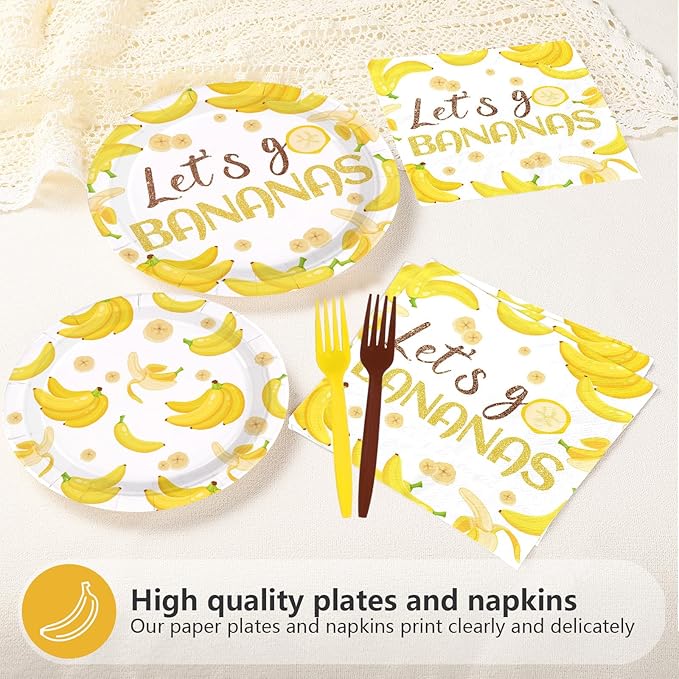 96PCS Yellow Banana Party Supplies Gold Glitter Fruit Plates And Napkins Let's Go Bananas Dessert Plates for Fruit Birthday Baby Shower Party Decorations Serves 24