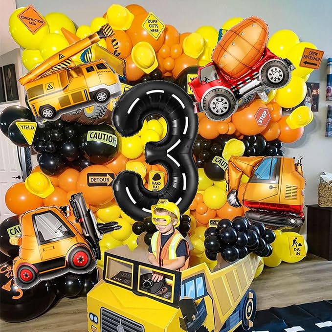 Construction Birthday Decorations 3 Year Old, Large Construction Balloons 40Inch Racetrack Black Number 3 Balloons Construction Truck Foil Balloons for Boys 3rd Construction Birthday Party Supplies