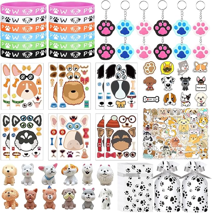 122Pcs Dog Party Favors Gift Set for Kids Dogs Birthday Party Supplies Include 12 Dogs DIY Face Stickers 12 Dogs Bags 12 Keychains 12 Bracelets 50 Stickers for Puppy Parties Favors