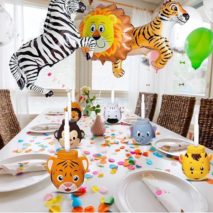 Hoolerry 24 Sets Zoo Animal Cups with Straws and Lids, 10 oz Plastic Reusable Safari Jungle Animal Theme Kids Cups for Safari Birthday Party Supplies