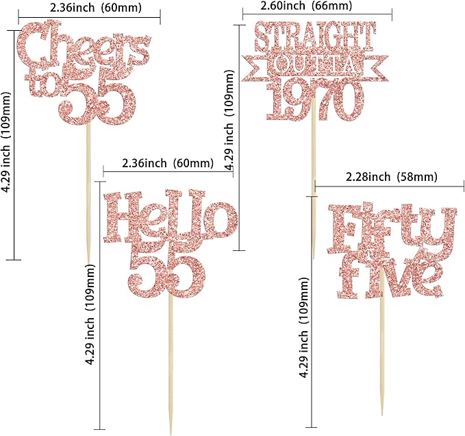 Ephlyn 24Pcs 55th Birthday Cupcake Toppers Glitter Straight Outta 1970 Cupcake Picks Hello 55 Cheers to 55 Years Cake Decorations for 55th Birthday Anniversary Party Decorations Supplies Rose Gold