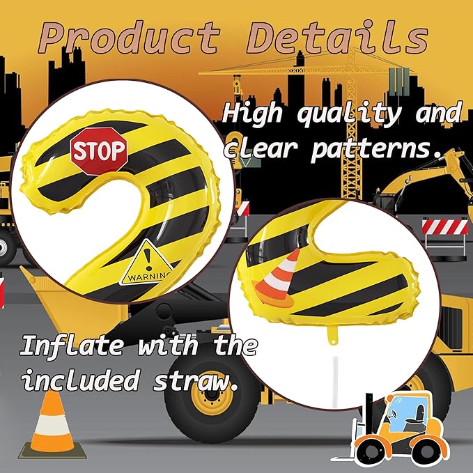 40 Inch Giant Construction Theme Number Balloons - Large Number 2 Balloons Yellow and Black Striped for Kids' Construction Birthday Anniversary Party Decorations Supplies Number 2-4 Balloon