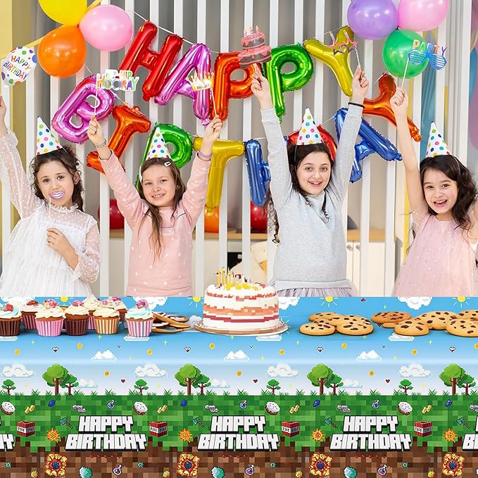 3 Pack Video Game Tablecloth,Plastic Disposable Gaming Theme Tablecloth, Retro Pixel Art Block Design, Vibrant 8-Bit Square Patterns for Kids Birthday Party,54 * 108 inch.