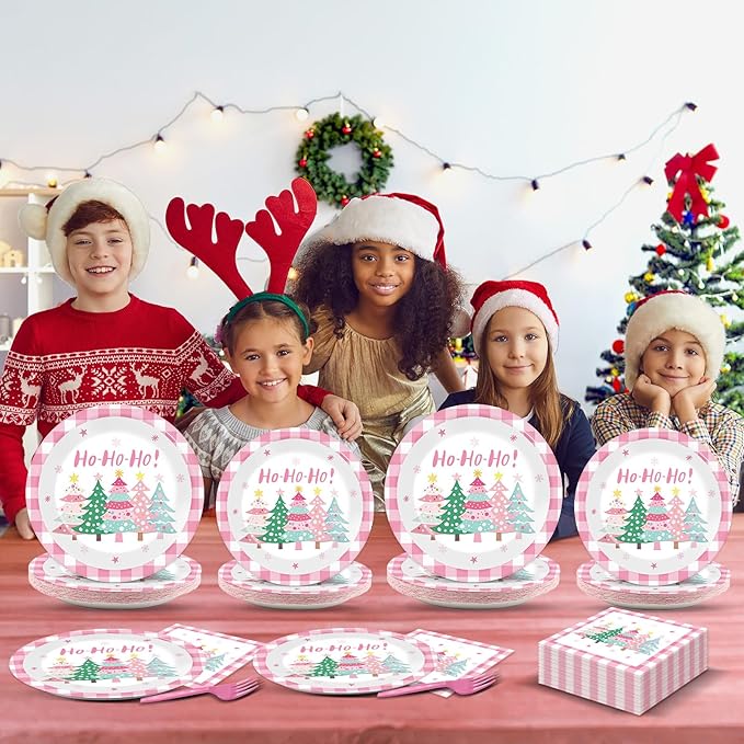 CHUNNIN 96Pcs Pink Christmas Trees Paper Plates and Napkins Xmas Watercolor Party Decorations Pink Xmas Trees Disposable Tableware Set for Kids Girls Winter Holiday Birthday Home Party Supplies