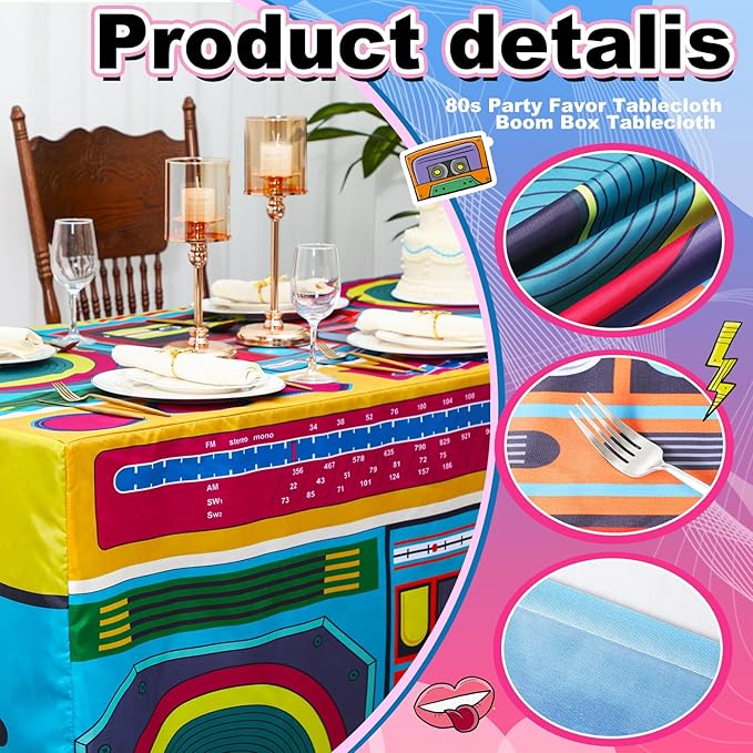 Oudain 6 FT 80s 90s Theme Tablecloth 80s Birthday Party Supplies Hip Hop Party Decoration Vintage Boom Box Tablecloth 72 x 30'' Retro Radio Table Cover Washable Fabric Polyester Rectangle Table Cover