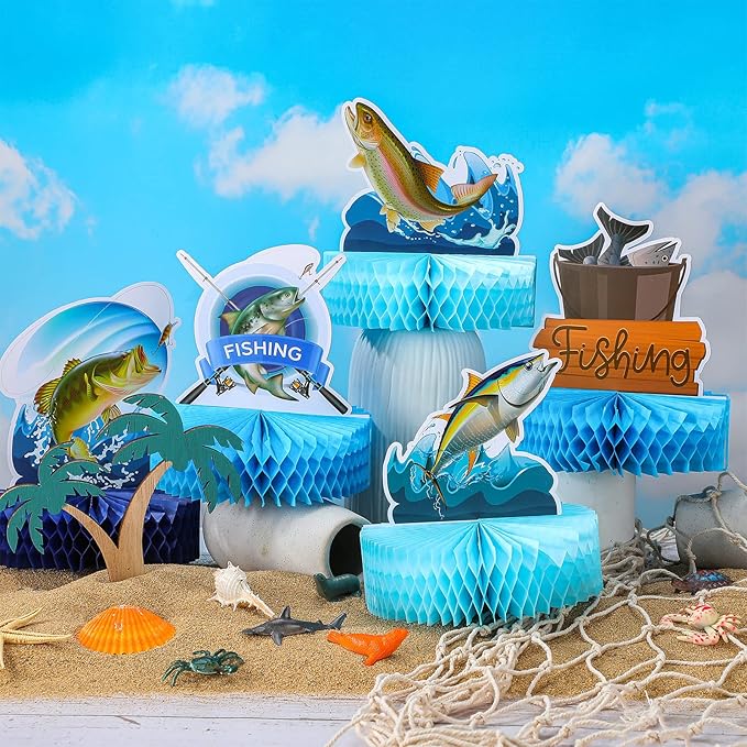Sureio 9 Pcs Fishing Table Centerpiece Fishing Party Decorations gone Fish Table Decor 3D Paper Signs Honeycomb Fish Birthday Party Supplies for Baby Shower Retirement Theme Father's Day