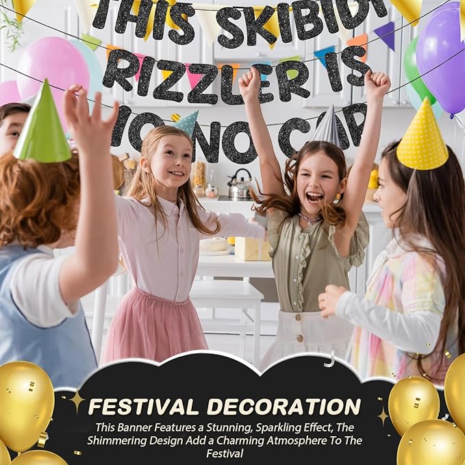 Fulmoon Pre Strung This Skibidi Rizzler Is 10 No Cap Glitter Banner 10th Birthday Party Decorations, Funny Birthday Sign, Party Supplies, Ideas, Gifts(Black)