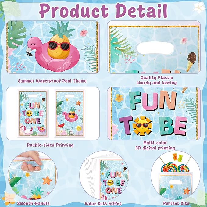 50Pcs Summer Pool Party Favor Bag Watercolor Pool Fun to Be One Goodie Treat Candy Gift Bag Summer Beach 1st Birthday Party Decor for Baby Boy Girl First Birthday Hawaii Beach Swimming Events Supplies