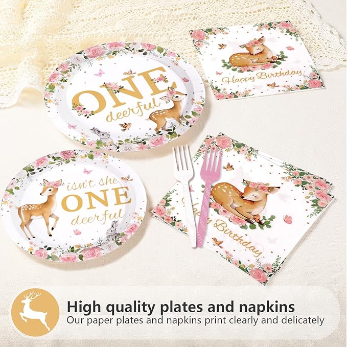 96Pcs Pink Deer Girl 1st Birthday Party Supplies Isn't She Onedeerful Plates and Napkins Pink Floral Deer Tableware Set for One Year Girl Floral 1st Birthday Baby Shower Party Supplies，Serves 24