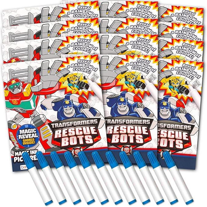 Bendon Transformers Rescue Bots Imagine Ink Coloring Book Set - 12 Pack No-Mess Magic Ink Coloring Books featuring Rescue Bots and More (Transformers Favors)