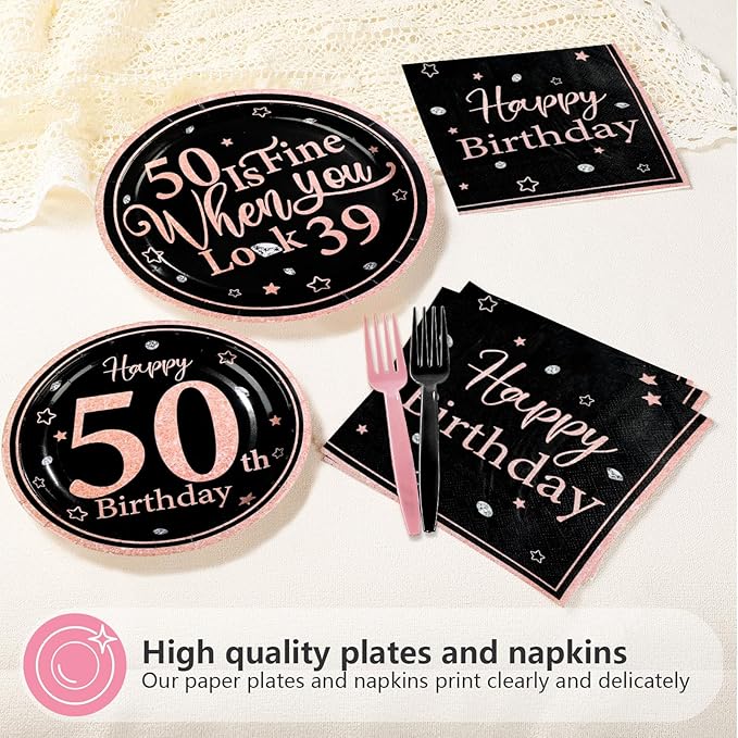 96Pcs 50th Black and Pink Birthday Party Supplies 50 Is Fine When You Look 39 Plates and Napkins Black and Pink Theme Tableware Set for Women 50th Birthday Party Decorations Serves 24