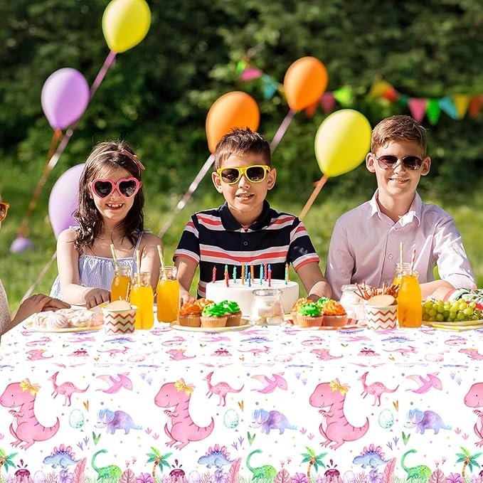 Letromp 2 Pieces Pink Dinosaur Birthday Tablecloths 54 x 108 Inch Watercolor Dinosaur Table Covers for Dino Theme Girls Baby Shower 1st 2nd 3rd 4th Birthday Party Supplies Table Decorations Favors