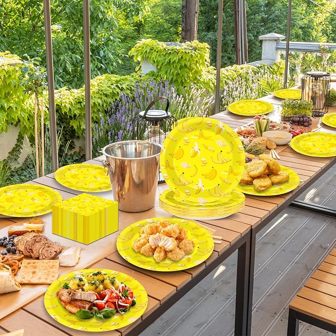 96PCS Banana Party Paper Plates and Napkins Banana Themed Party Decorations Yellow Fruit Napkins and Forks for yellow fruit Birthday Gatherings Decorations