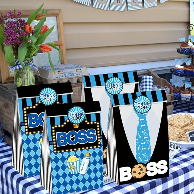 BOSS Party Favor Gift Bags 24 PCS with 30 Stickers for Blue Black Boy Birthday Baby Shower Goodie Candy Treat Bags Party Decoration Supplies