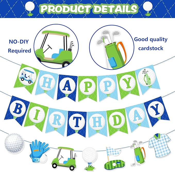 CC HOME 3Pcs Golf Happy Birthday Banner Golf Ball Party Hanging Banner Gym Ball Sports Theme Birthday Bridal Wedding Baby Shower Boys Girls Kids Home Classroom Party Supplies Decoration