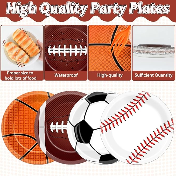 96 Pcs Sports Party Decoration Sport Plates and Napkins Basketball Football Baseball Dessert Cake Tableware Supplies Rugby Theme Activities Game Disposable Paper Party Dinnerware Favor
