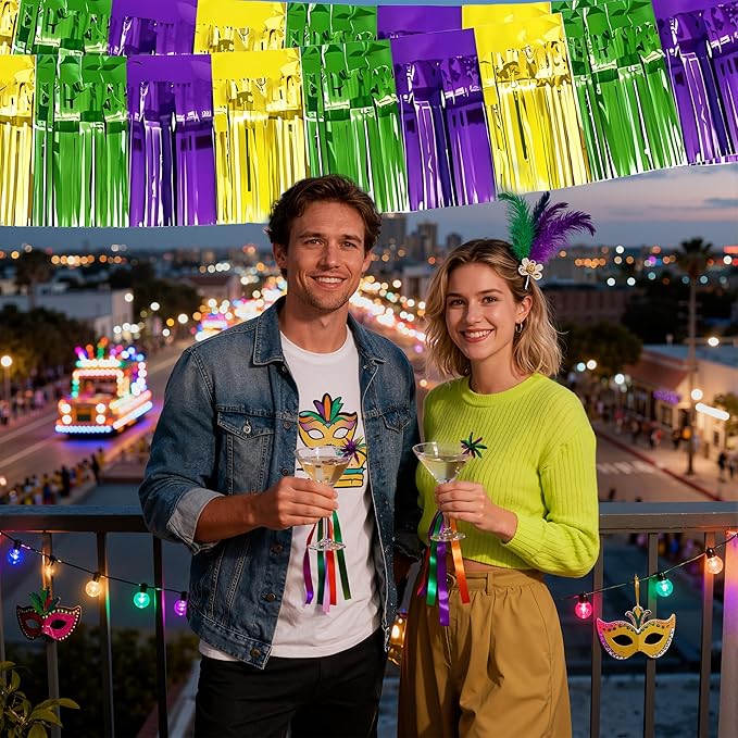 OHOME Mardi Gras Decorations - 2 Pack Gold Green Purple Streamers | Mardi Gras Party Favors Supplies Decor Indoor Outdoor - Masquerade Birthday Party Float Garlands Photo Booth Banner Backdrop,10 FT