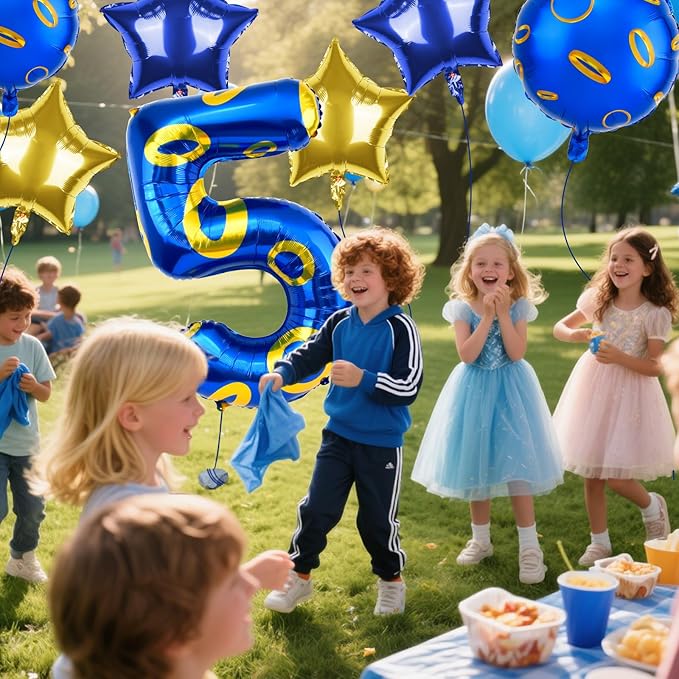 40 Inch Blue and Golden Ring Themed Number Balloon, Number Block Foil Number 5 Balloons Large Big Numbers Helium Balloon for Girls Boys 5th Birthday Theme Party Decorations (Number 5)