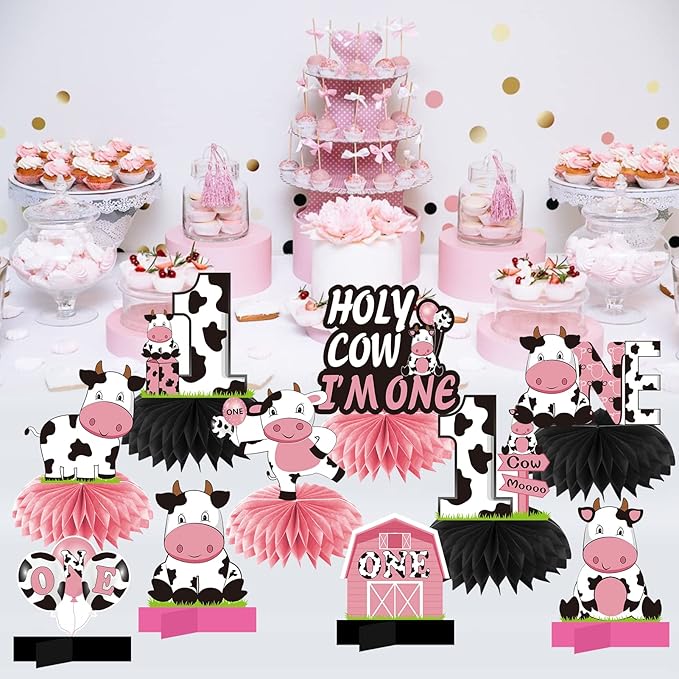 Holy Cow I'm One Birthday Decorations Girls, Cow First Birthday Honeycomb Centerpiece Party Supplies, Baby 1st Birthday Cow Themed Table Toppers Sign Decor