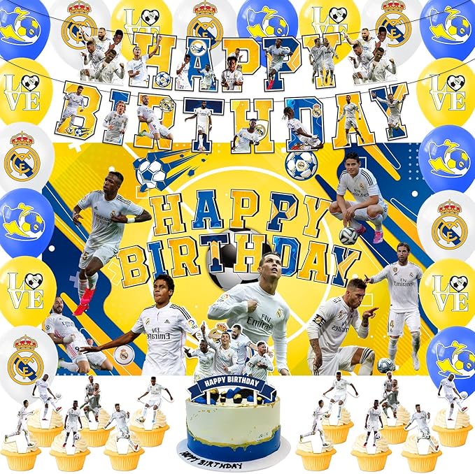 42pcs Real-Madrid Birthday Party Supplies Pack Includes，Banner，Cake Topper，Blackdrop,Balloons for Rea Madrid party decoration