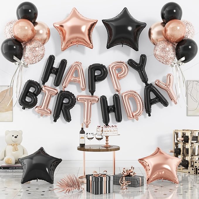 29PC Black Rose Gold Happy Birthday Balloon Banner, 16 Inch 3D Aluminum Letter Banner Sign, Pearl Metallic Rose Gold Black Balloon 18 Inch Star Foil Balloons for Women, Men Party Supply