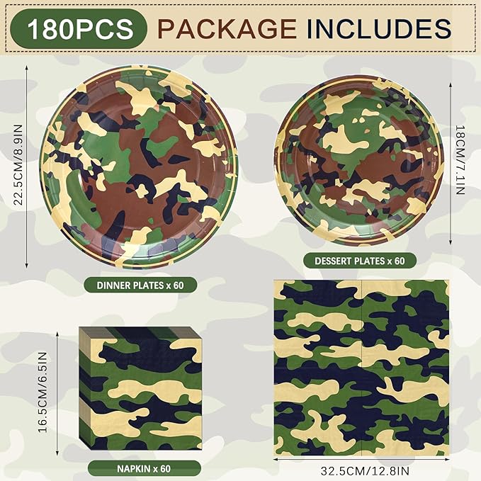 180PCS Camo Birthday Party Supplies Serve 60, Army Camouflage Theme Paper Plates and Napkins Kit for Camouflages Hunting Army Military Civil War Decorations