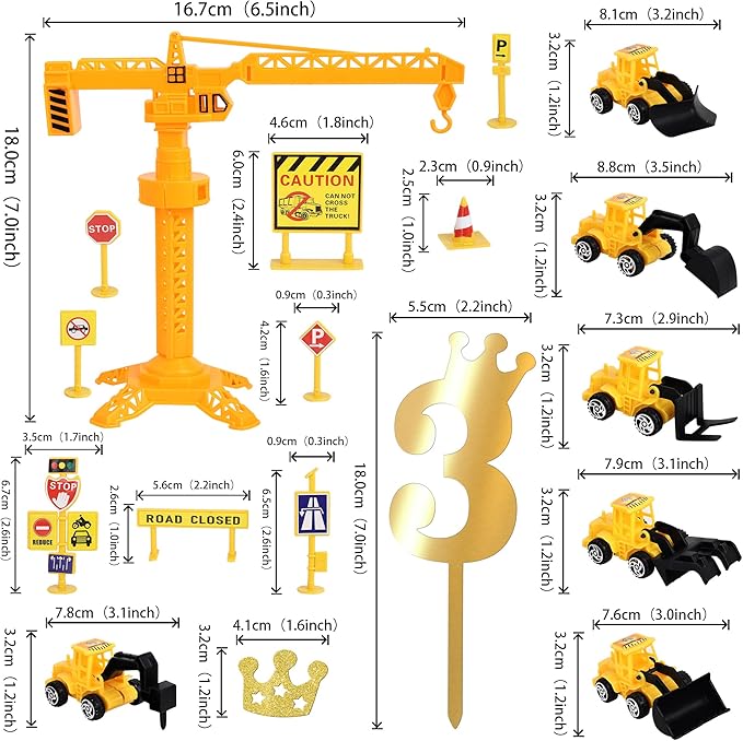 17 Pack Construction Vehicles Cake Toppers Set - Toy Road Sign, Tower, Digger, Cupcake Picks - Number 3 for Construction Theme Baby Shower, Kids 3rd Birthday Party Decorations Supplies