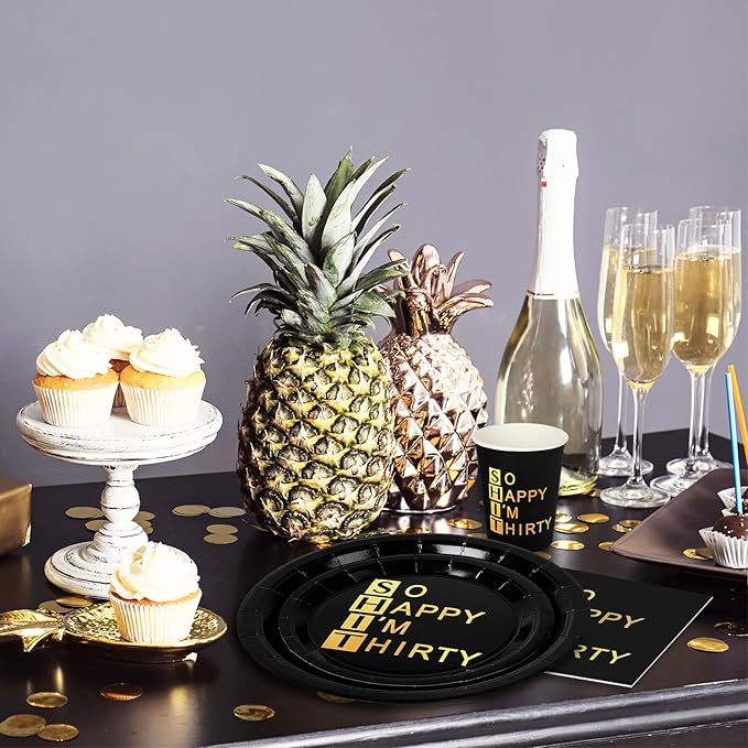Whaline 96Pcs 30th Birthday Party Supplies Kit Black Gold Paper Tableware Plate Napkin Cup So Happy I'm Thirty Disposable Dinnerware Set for 24 Guests Party Table Decor