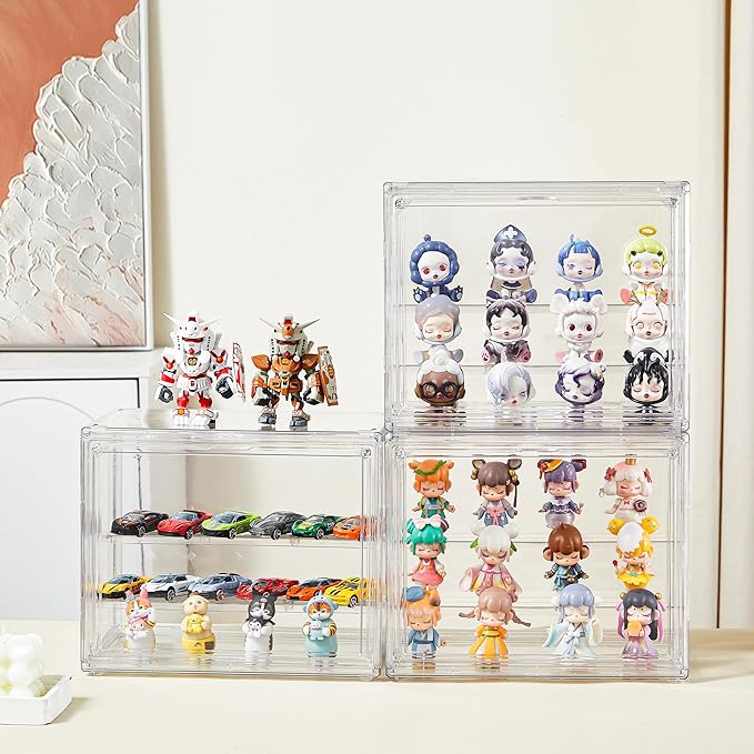 Clear Acrylic Display Case,4 Pack 3 Tier Adjustable Display Box Stand with 2 Movable Plates, Small Showcase Magnetic Door for Mini Action Figures Collectibles (Small